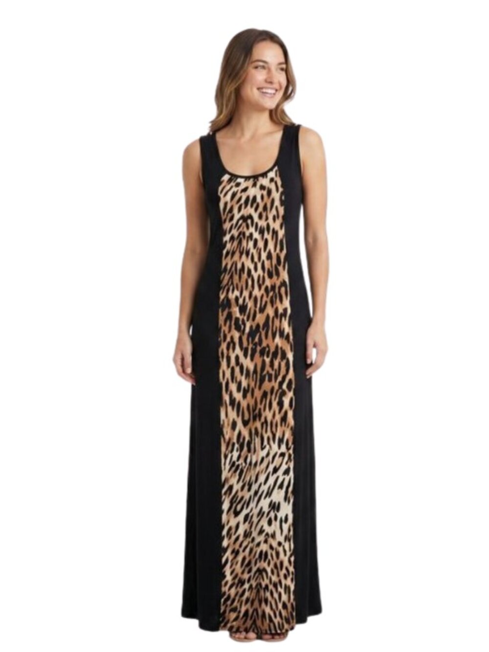 Just Love Stretch Leopard Animal Print Black Sleeveless Maxi Dress Size Small